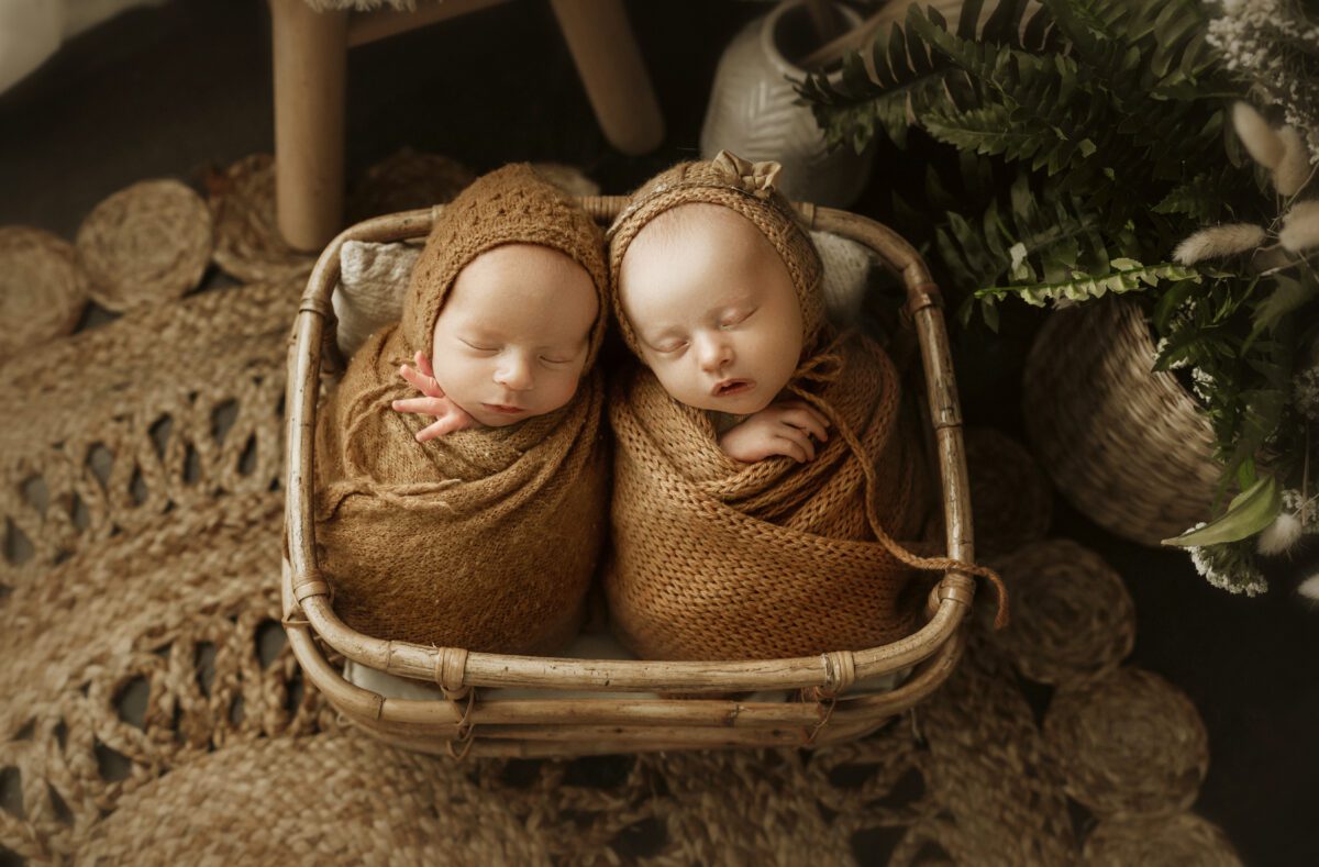 newborn twins in a basket by Jen Jacobowtiz Photography